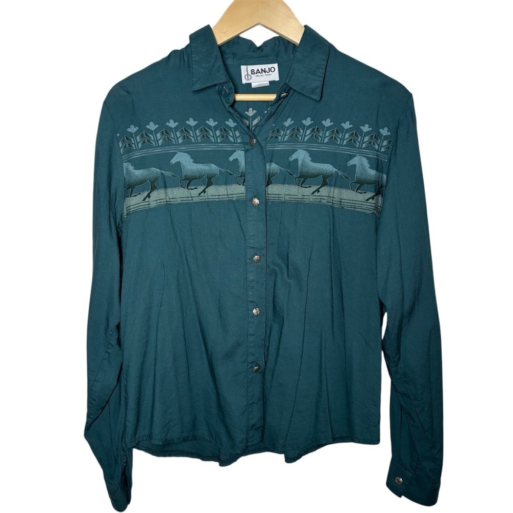 Banjo Dallas Texas Button Up Shirt Women Large Western Horse Long Sleeve Cowgirl